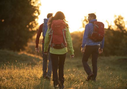 Wandergruppe mit drei Personen im Morgenlicht