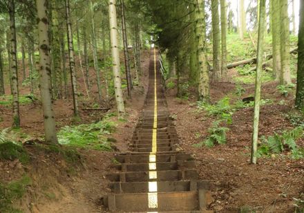 Die goldene Treppe in Tecklenburg, Kunstaktion von Sigrun Menzel unter dem Titel "Goldrichtich". Die Treppe verbindet die Teutoschleife Tecklenburger Bergpfad mit dem Hermannsweg. 