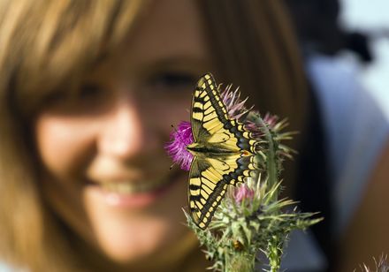 Frau blickt auf Blume mit einem Schmetterling