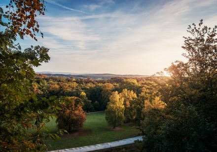 Blick auf den Park an den Externsteinen im Teutoburger Wald 